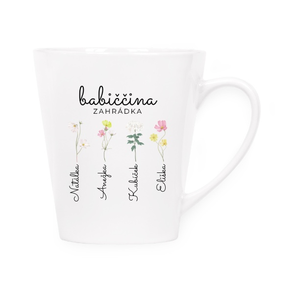 Hrnek kónický s potiskem Babiččina zahrádka se jmény jejích čtyř vnoučat
